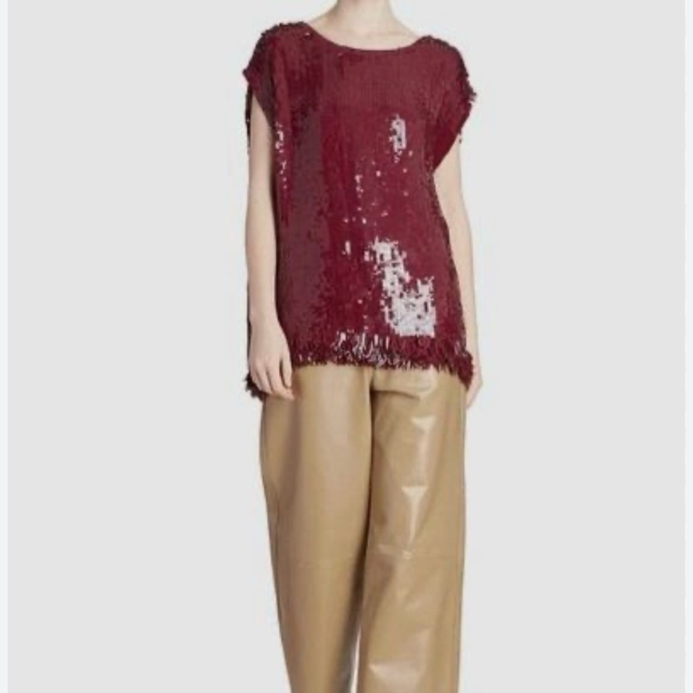 Dries Van Noten Burgundy Sequin Top with Glossy Discs & Fringe Hem-LIKE NEW